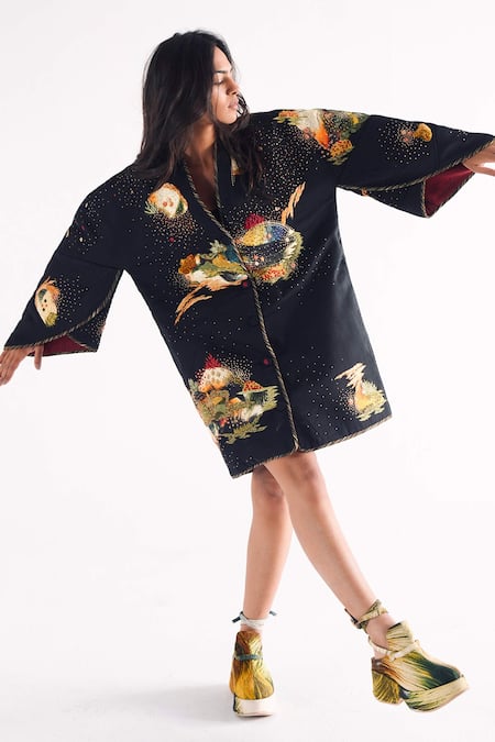 Til Black Cotton, Modal Embroidery Round Neck Puffer Jacket 