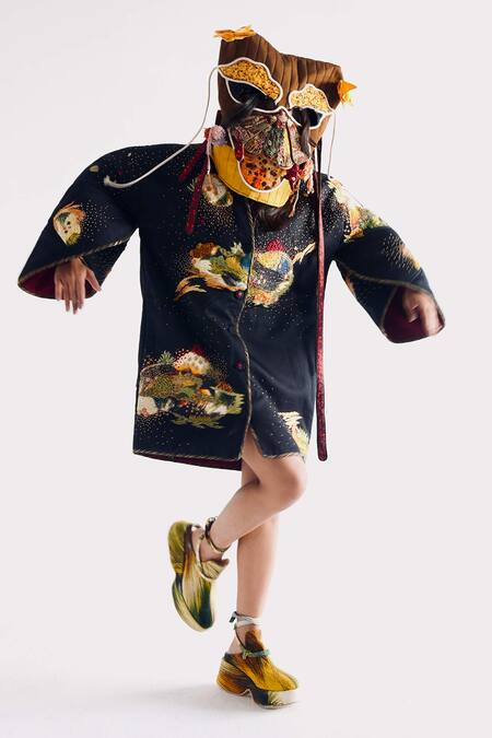 Til_Black Cotton, Modal Embroidery Round Neck Puffer Jacket _Online_at_Aza_Fashions