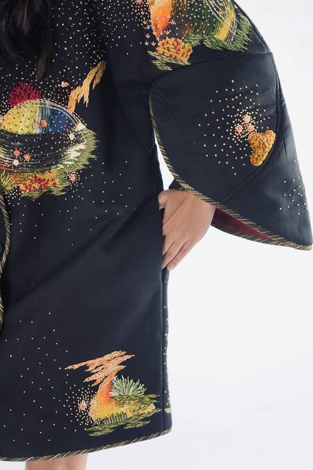 Shop_Til_Black Cotton, Modal Embroidery Round Neck Puffer Jacket _Online_at_Aza_Fashions