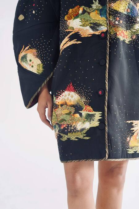 Til_Black Cotton, Modal Embroidery Round Neck Puffer Jacket _at_Aza_Fashions