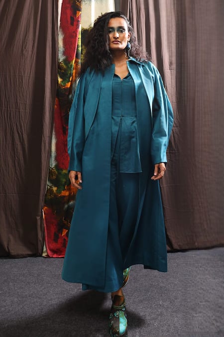 Til Teal Blue Designer Trench Coat 