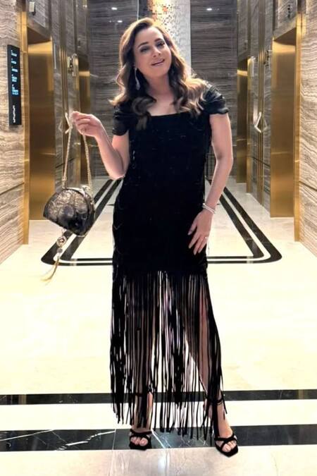 Babita Malkani_Black Crepe Embroidery Square Neck Body Fitted Dress With _Online_at_Aza_Fashions