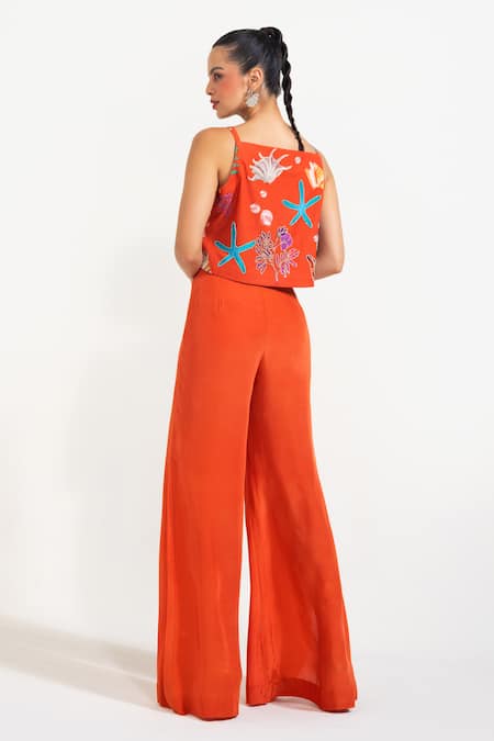 Shop_Nautanky_Orange Crepe Beads, Piping Scoop Neck Sunset Mermaid Mischief Pant Set _at_Aza_Fashions