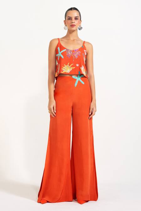Nautanky_Orange Crepe Beads, Piping Scoop Neck Sunset Mermaid Mischief Pant Set _Online_at_Aza_Fashions