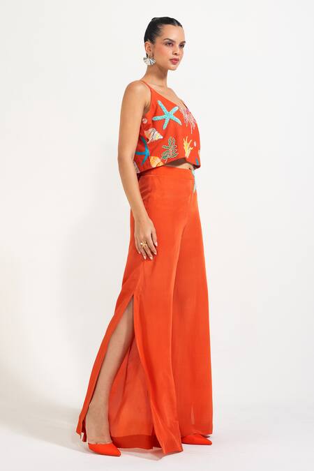 Buy_Nautanky_Orange Crepe Beads, Piping Scoop Neck Sunset Mermaid Mischief Pant Set _Online_at_Aza_Fashions