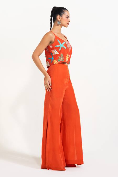 Shop_Nautanky_Orange Crepe Beads, Piping Scoop Neck Sunset Mermaid Mischief Pant Set _Online_at_Aza_Fashions