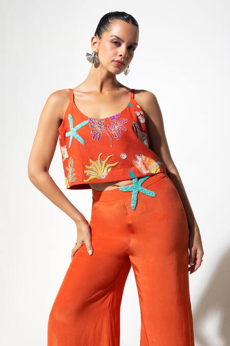 Nautanky_Orange Crepe Beads, Piping Scoop Neck Sunset Mermaid Mischief Pant Set _at_Aza_Fashions