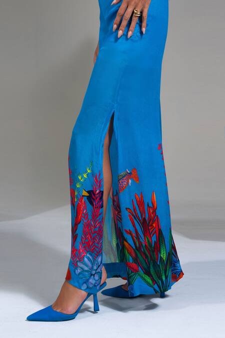 Nautanky_Blue Chiffon Embroidery Sweetheart Neck Lagoon Pant Set _Online_at_Aza_Fashions