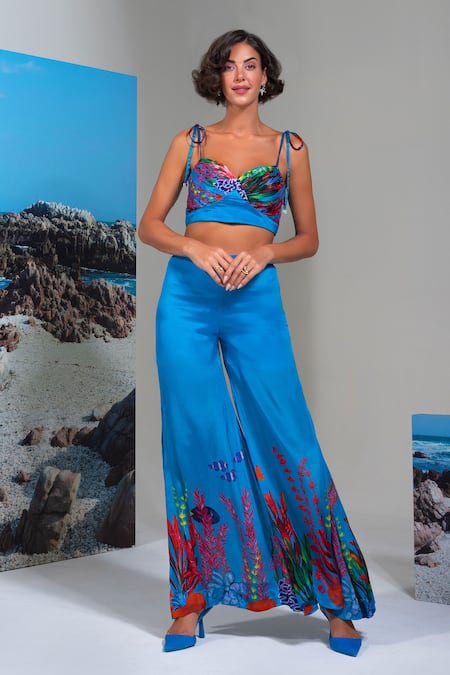 Nautanky Blue Chiffon Embroidery Sweetheart Neck Lagoon Pant Set 