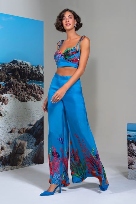 Buy_Nautanky_Blue Chiffon Embroidery Sweetheart Neck Lagoon Pant Set _Online_at_Aza_Fashions