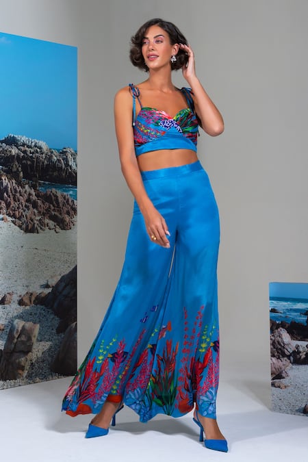 Shop_Nautanky_Blue Chiffon Embroidery Sweetheart Neck Lagoon Pant Set _Online_at_Aza_Fashions