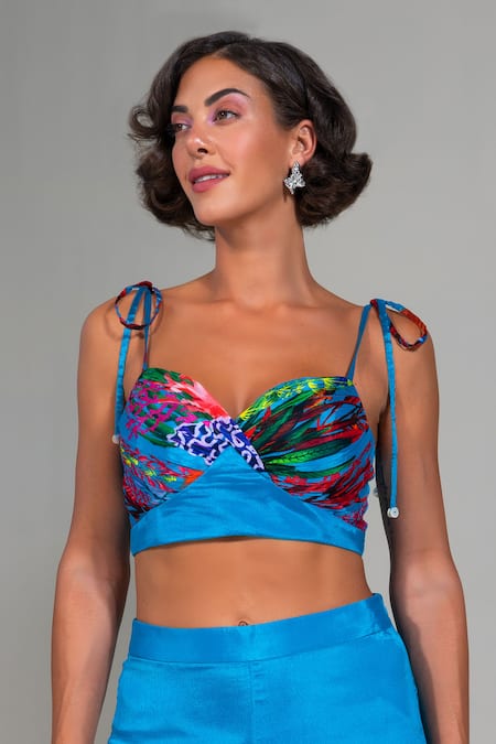 Nautanky_Blue Chiffon Embroidery Sweetheart Neck Lagoon Pant Set _at_Aza_Fashions