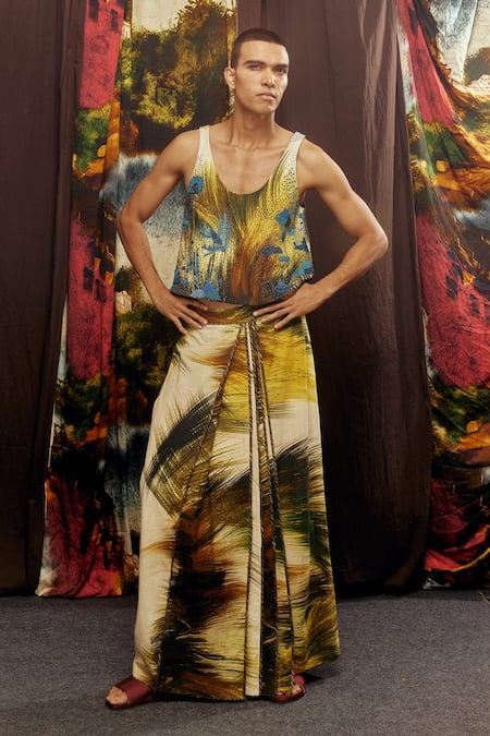 Til_Blue Cotton Cobalt Grass Embroidered Vest _at_Aza_Fashions