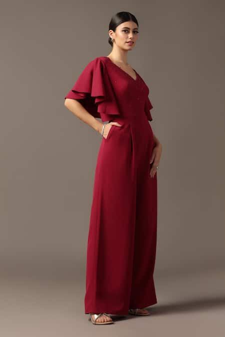 Pooja Peshoria_Red Sequins V-neck Designer Jumpsuit With Ruffle Sleeves _Online_at_Aza_Fashions