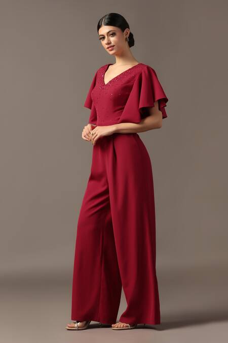 Buy_Pooja Peshoria_Red Sequins V-neck Designer Jumpsuit With Ruffle Sleeves _Online_at_Aza_Fashions