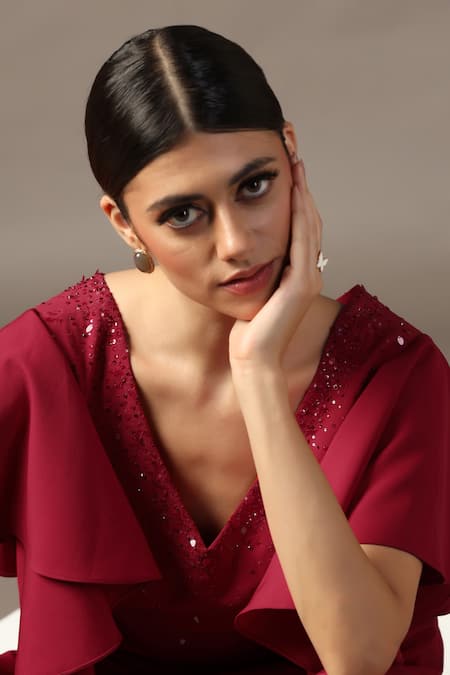 Shop_Pooja Peshoria_Red Sequins V-neck Designer Jumpsuit With Ruffle Sleeves _Online_at_Aza_Fashions