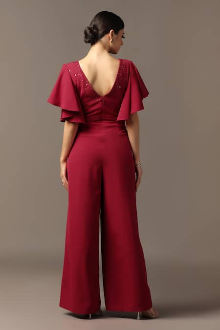 Pooja Peshoria Red Designer Jumpsuit With Ruffle Sleeves 