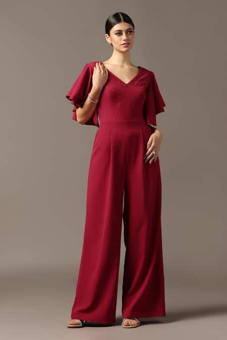 Pooja Peshoria Red Sequins V-neck Designer Jumpsuit With Ruffle Sleeves 