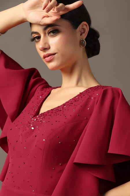 Pooja Peshoria_Red Sequins V-neck Designer Jumpsuit With Ruffle Sleeves _at_Aza_Fashions
