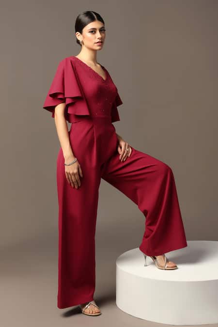 Buy_Pooja Peshoria_Red Sequins V-neck Designer Jumpsuit With Ruffle Sleeves 
