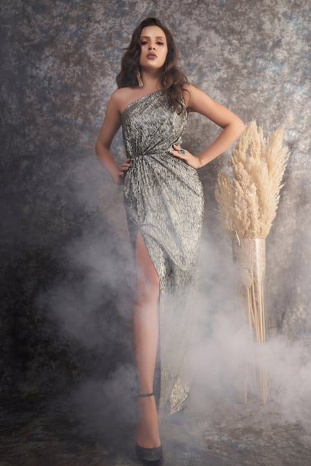 Shop_Pooja Peshoria_Black Polyester, Knit, Satin One Shoulder Metallic Dress _Online_at_Aza_Fashions