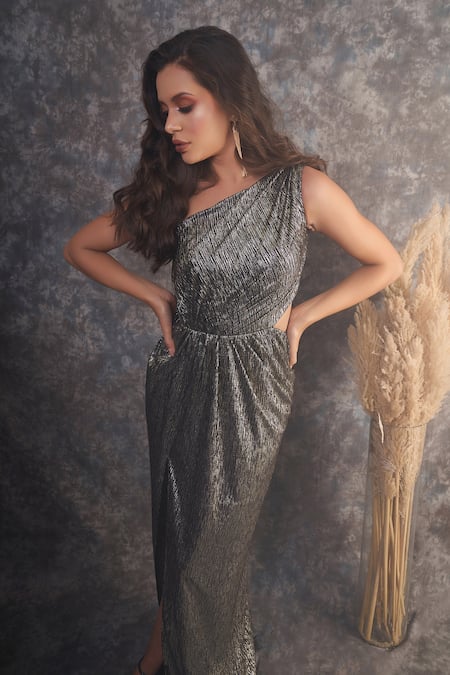 Shop_Pooja Peshoria_Black Polyester, Knit, Satin One Shoulder Metallic Dress 
