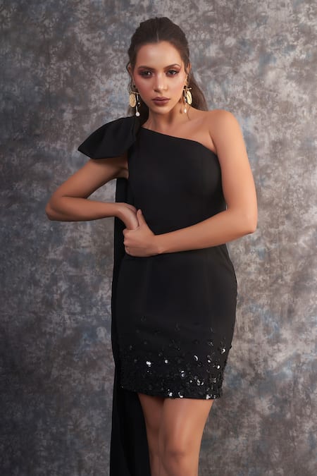 Shop_Pooja Peshoria_Black Polyester, Crepe Sequins One Shoulder Designer Dress 