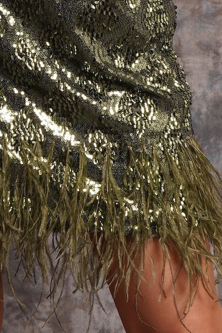 Buy_Pooja Peshoria_Olive Green Knit Fringe, Sequins Scoop Neck Dress