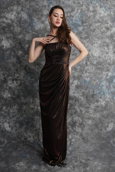 Pooja Peshoria_Brown Knit Crew Neck Metallic Maroon Dress _Online_at_Aza_Fashions