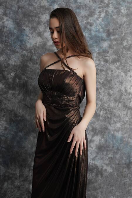 Buy_Pooja Peshoria_Brown Knit Crew Neck Metallic Maroon Dress _Online_at_Aza_Fashions