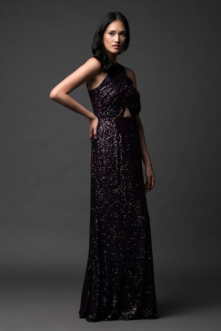 Pooja Peshoria_Purple Georgette Sequins Open Neck Brinjal Designer Dress _Online_at_Aza_Fashions