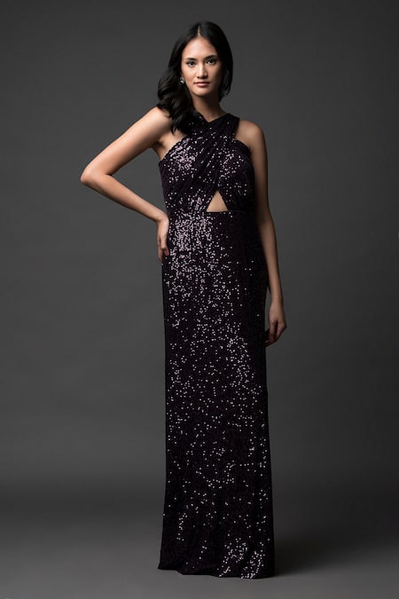 Pooja Peshoria Purple Georgette Sequins Open Neck Brinjal Designer Dress 