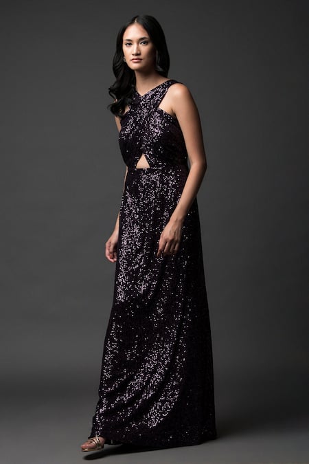 Buy_Pooja Peshoria_Purple Georgette Sequins Open Neck Brinjal Designer Dress _Online_at_Aza_Fashions