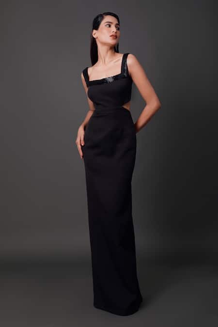 Pooja Peshoria_Black Crepe Square Neck Designer Cut-out Dress _Online_at_Aza_Fashions