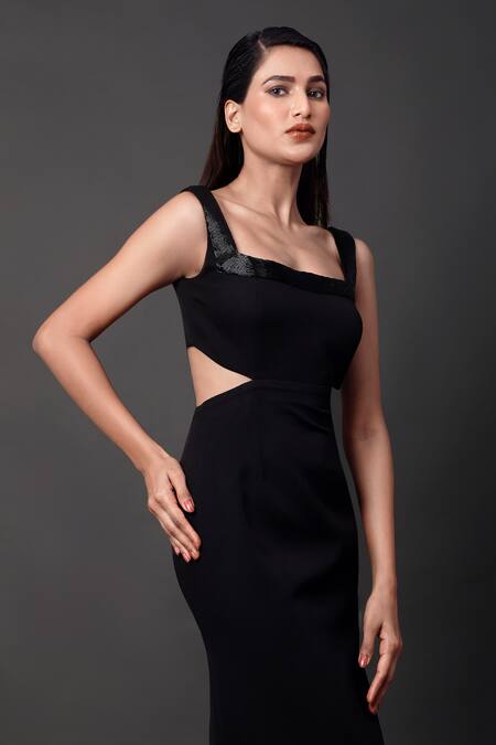 Shop_Pooja Peshoria_Black Crepe Square Neck Designer Cut-out Dress _Online_at_Aza_Fashions