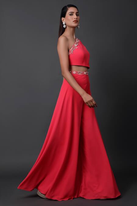 Pooja Peshoria_Pink Georgette Embroidery One Shoulder Designer Blended Jumpsuit _Online_at_Aza_Fashions