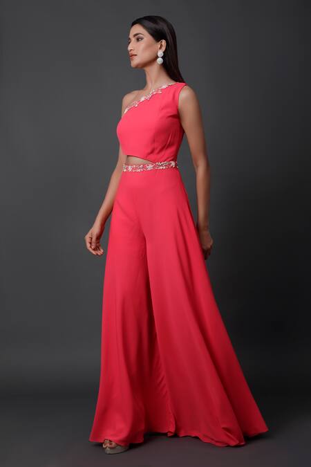 Buy_Pooja Peshoria_Pink Georgette Embroidery One Shoulder Designer Blended Jumpsuit _Online_at_Aza_Fashions