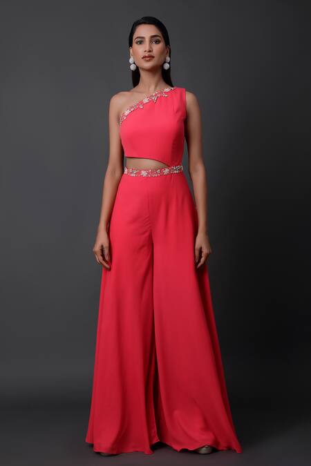 Shop_Pooja Peshoria_Pink Georgette Embroidery One Shoulder Designer Blended Jumpsuit _Online_at_Aza_Fashions