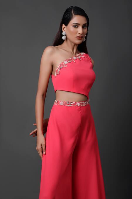 Pooja Peshoria_Pink Georgette Embroidery One Shoulder Designer Blended Jumpsuit _at_Aza_Fashions