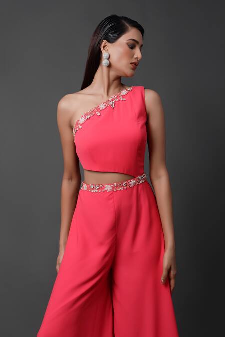 Buy_Pooja Peshoria_Pink Georgette Embroidery One Shoulder Designer Blended Jumpsuit 