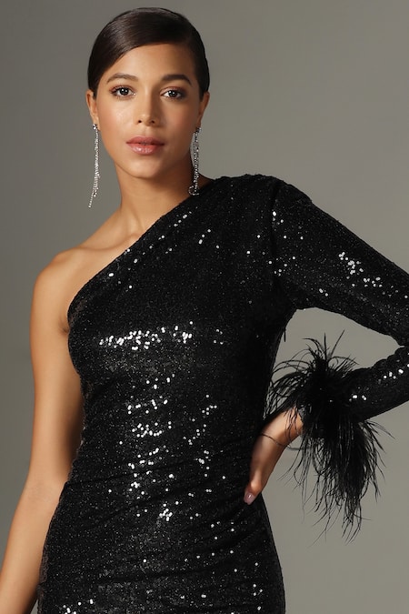 Shop_Pooja Peshoria_Black Feathers Asymmetric Sequin One-shoulder Dress _Online_at_Aza_Fashions