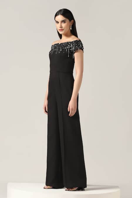 Pooja Peshoria_Black Polyester, Crepe Beads, Sequins Off-shoulder Designer Jumpsuit _Online_at_Aza_Fashions