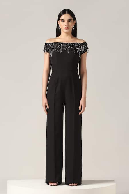 Buy_Pooja Peshoria_Black Polyester, Crepe Beads, Sequins Off-shoulder Designer Jumpsuit _Online_at_Aza_Fashions