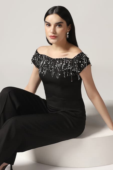 Shop_Pooja Peshoria_Black Polyester, Crepe Beads, Sequins Off-shoulder Designer Jumpsuit _Online_at_Aza_Fashions
