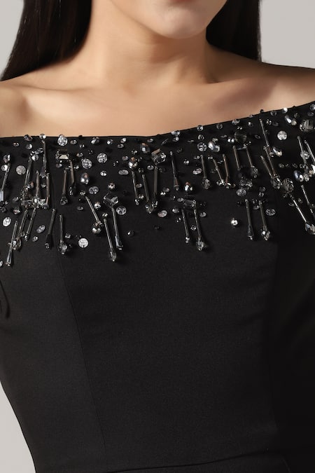 Pooja Peshoria_Black Polyester, Crepe Beads, Sequins Off-shoulder Designer Jumpsuit _at_Aza_Fashions