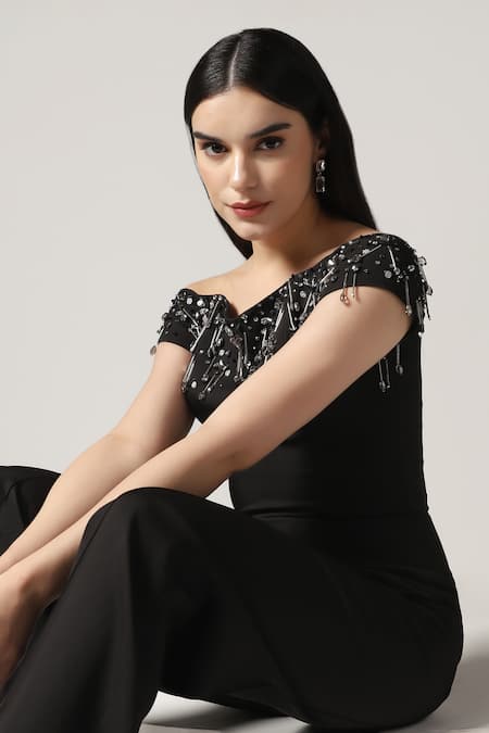 Buy_Pooja Peshoria_Black Polyester, Crepe Beads, Sequins Off-shoulder Designer Jumpsuit 