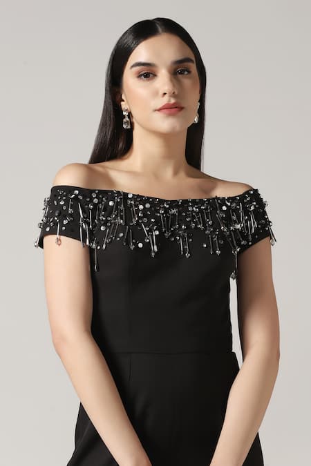 Shop_Pooja Peshoria_Black Polyester, Crepe Beads, Sequins Off-shoulder Designer Jumpsuit 