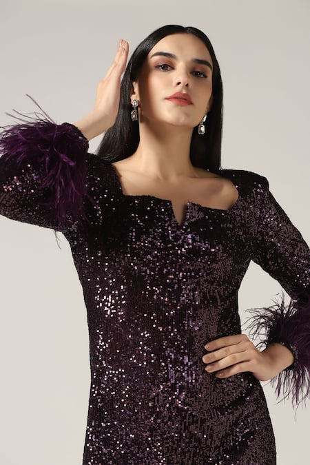 Buy_Pooja Peshoria_Purple Polyester Feathers Square Neck Brinjal Sequin Dress _Online_at_Aza_Fashions