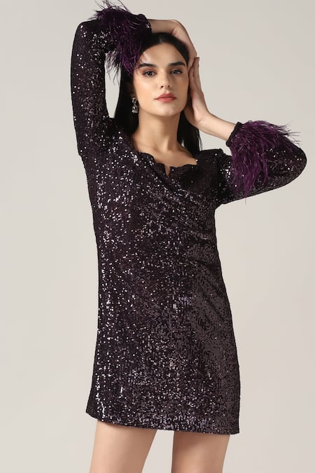 Shop_Pooja Peshoria_Purple Polyester Feathers Square Neck Brinjal Sequin Dress _Online_at_Aza_Fashions