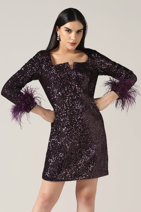 Pooja Peshoria_Purple Polyester Feathers Square Neck Brinjal Sequin Dress _at_Aza_Fashions